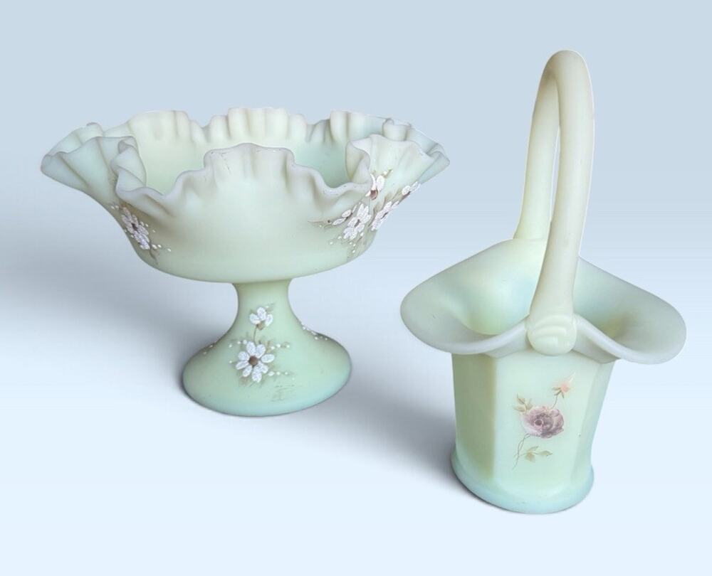 Fenton Floral Art Glass Uranium Glass Ruffled Pedestal Compote Handled Basket